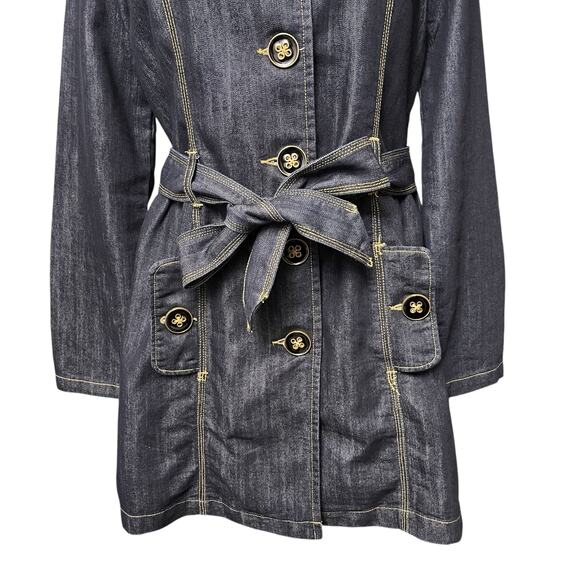 Baccini Denim Trench Coat Women’s Sz M Dark Wash Tie Belt Long Jacket Streetwear - Picture 3 of 9